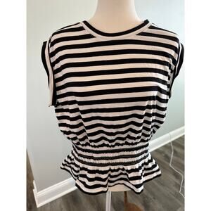WHBM NWT Striped Peplum Top Black White Size L Casual Chic Office